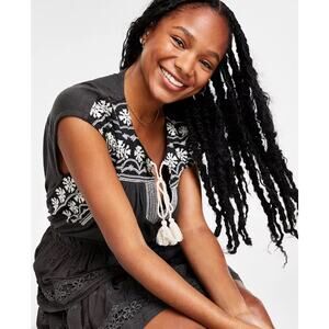 Lucky Brand Womens Raven Black White Embroidered Peasant Blouse Top Size S